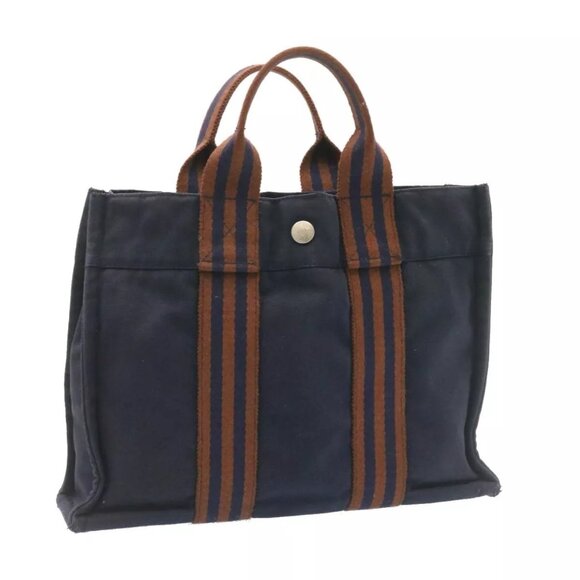 HERMES Fourre ToutPM Hand Bag Canvas Blue Navy - Picture 1 of 16